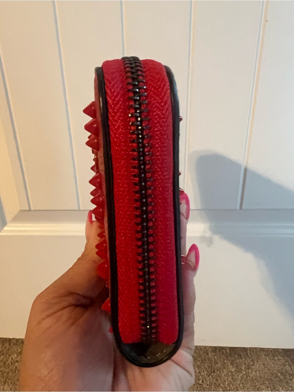 Christian Louboutin Red Pebbled Leather Studded Zip Wallet - Picture 6 of 11
